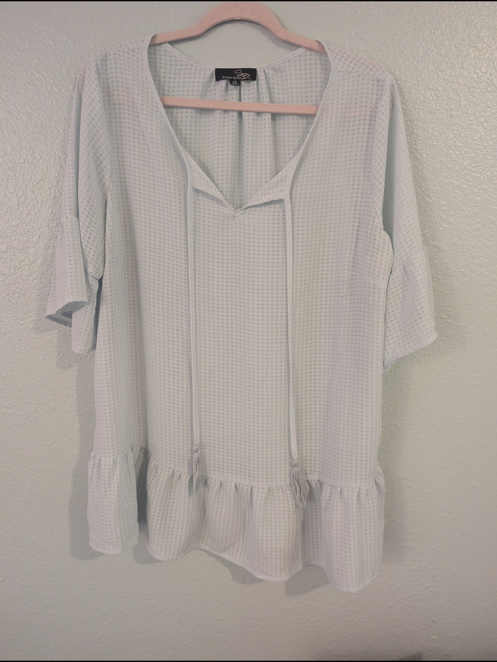 Suzanne Betro Pale Blue Textured Peasant Tunic with Tie